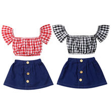 Toddler Baby Girl Clothes Off-Shoulder Plaids Tops+Dress Skirt Outfits Sunsuit 2024 - buy cheap