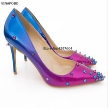 Vinapobo Luxurious Purple Gradient Color Patent Leather Rivets High Heel Shoes Chia Pointed Toe Slim Spike Shoes Stilettos Heels 2024 - buy cheap