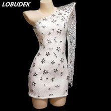 Single Shoulder Silver Rhinestones Dress Sexy White Lace Crystals Mini Dress Nightclub Singer Clothing Party Catwalk DS Costume 2024 - buy cheap