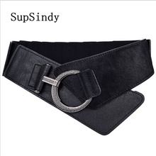 SupSindy Women's down Coat wide belt vintage metal buckle elastic luxury dress belt for women Black PU Leather Female Waistband 2024 - buy cheap