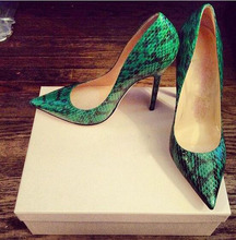 Sexy Ladies Green Python Leather Stiletto Heels Pumps Pointed Toe Female Spring Slip on Snakeskin Party High Heels for Woman 2024 - buy cheap