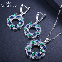 ANGELCZ Vintage Royal Blue Cubic Zirconia Big Round Dangle Earrings Necklace Women Silvery Jewelry Set With Green Stones AJ116 2024 - buy cheap