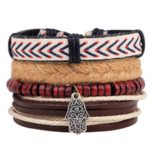 4pcs/set Hippie Punk Brown Black Leather Band Old Silver Hand Hamsa Charm Red Wooden Beads Beige Hemp Cord Bracelets for Man 2024 - buy cheap