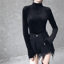 Winter Gothic Punk Women Black T-Shirts Autumn Top Sexy velvet embroidery Bodycon Solid Long Sleeve Party Pullover Shirts 2024 - buy cheap