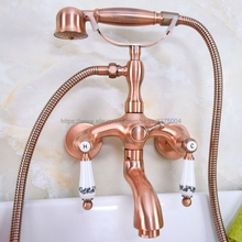 Antique Red Copper Bathroom Clawfoot Bath Tub Faucet Mixer Tap Ceramic Handle Hand Shower Head Nna313 2024 - buy cheap