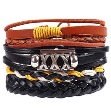 4pcs/set hippie punk black brown leather triple X charm wax cord knots wrap wide Bracelets Bangles for man hand jewelry 2024 - buy cheap