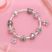 Droshiing Pink Flower Charm Bracelet Bangle Vintage Tibetan Silver Diy Bead Heart Lover Gift Bracelet Fashion Women Jewelry 2024 - buy cheap
