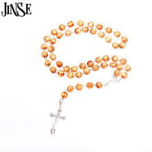 JINSE Natural Pine Wood Bead Rosary Necklace Cool Mens Women Cross Pendant Rosary Beads Necklace Fashion RON005 2024 - buy cheap