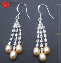Qingmos pendiente de perlas naturales para mujeres con 5*7mm Rosa gota perla colgante 3 cuerdas joyería de pendiente de moda ear313 envío gratis 2024 - compra barato