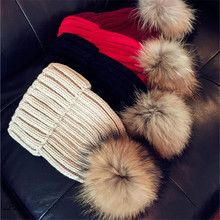 Real Racoon Fur Pom Pom Knit Winter hat Women Gift wool hatknitted cotton beanies cap 2024 - buy cheap