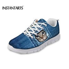 Instantarts-tênis jeans femininos estilo gato com estampa 3d, sapatos baixos, casuais, leves, respiráveis, para meninas 2024 - compre barato