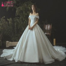 Off The Shoulder Luxury A Line Wedding Dress Satin Fabrics Elegant Chapel Train Wedding Gown DQG849 2024 - buy cheap