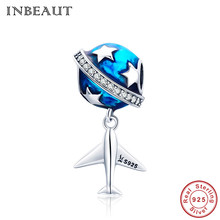 Inbeaut 925 prata esterlina esmalte azul terra estrela viajando em todo o mundo dreamer avião contas caber pulseira na moda original 2024 - compre barato