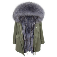 Oftbuy jaqueta de inverno feminina, casaco de pele verdadeira, parka longo, gola com capuz, pele de guaxinim natural, forro de raposa, jaqueta urbana 2024 - compre barato