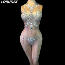 Prateado Strass Cristais Nudez Cor Da Pele Macacão Sexy Bodysuit Mulheres Traje Acrobático Roupa Pole Dance Bar DJ Stage Wear 2024 - compre barato