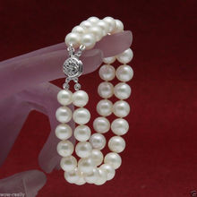 Free shipping hot sale Women Bridal Wedding Jewelry >>Genuine 7-8mm 2 Rows White Freshwater Akoya Pearl Bracelet 7.5'' New 2024 - buy cheap