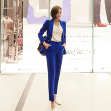 Suit women's suit blue long-sleeved OL professional temperament elegant suit jacket + feet pants suit 2018 autumn and winter new 2024 - buy cheap