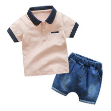 BibiCola/комплект летней одежды для мальчиков, хлопковые детские повседневные однотонные комбинезоны, футболка + джинсовые шорты, спортивный костюм, комплект детской одежды 2024 - купить недорого