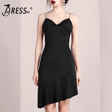 INDRESSME 2019 Women's Midi Dress Solid Black Spaghetti Strap V Neck Backless Ruffle Fashion Bodycon Sexy Vestidos Party 2024 - buy cheap