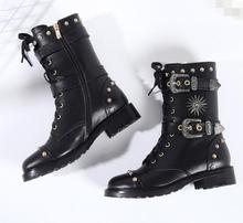 Cool Women Blakc Leather Buckles Boots Studs Cover Ladies Flat Motorcycle Boots Punk Style Lace Up Riding Boots black flat boots 2024 - buy cheap