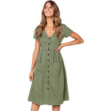 Women Summer Dresses 2021 New Summer Dress Fashion V-neck Button Pocket Short Sleeve Women mid-calf Dress Vestidos De OYM0864 2024 - buy cheap