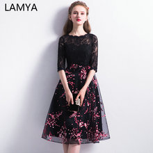 Lamya vintage preto na altura do joelho vestido de baile 2022 meia manga renda vestidos de festa à noite o pescoço vestido formal robe de soiree 2024 - compre barato