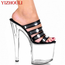 Пикантные великолепные Серебристые блестящие танцевальные туфли на высоком каблуке 20 см; женская обувь на высоком каблуке 8 дюймов; шлепанцы со стразами 2024 - купить недорого