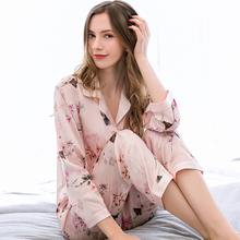 100% real seda pijamas conjunto para as mulheres rosa imprimir mangas compridas botão senhoras natural puro seda pijamas pijamas 2024 - compre barato