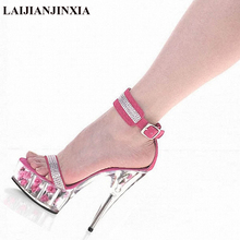 LAIJIANJINXIA SUMMER zapatos mujer Peep Toe sandals 15cm thin heels Flowers crystal platform sexy woman shoes wedding pumps 2024 - buy cheap