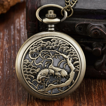 Unique Bronze Hollow Crane Pocket Watch With Fob China Retro Men Women Necklace Pendant Quartz Pocket Watch reloj de bolsillo 2024 - buy cheap