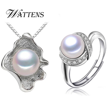 WATTENS-Conjunto de perlas naturales para mujer, accesorios de moda, conjuntos de joyas de plata 2018, regalo para mujer, collar con colgante de perlas de concha, anillo 925 2024 - compra barato