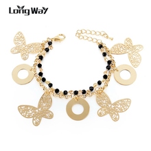 LongWay brazaletes con dije de mariposa a la moda para Mujer, cadena de eslabones de Color dorado y plateado con Pulseras de cristal negro para Mujer SBR160048103 2024 - compra barato