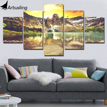 5 piezas, regalo de arte de pared de primavera, montaña, lago, templo, decoración del hogar, lienzo impreso, pintura hermosa para la sala de estar 2024 - compra barato