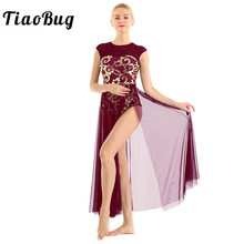 TiaoBug Adult Floral Sequins Sleeveless Ballet Gymnastics Leotard Women Long Dress Modern Contemporary Lyrical Dance Costumes 2024 - buy cheap