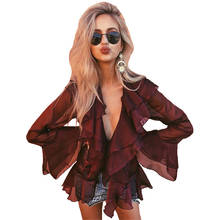 2018 New Women Sexy Deep V Neck Flare Sleeve Tiered Ruffles Chiffon Blouse Asymmetrical Female Burgundy Loose Shirts tops 2024 - buy cheap