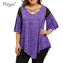 Plegie Big Size Women Shirt Blouse Lace Patchwork Short Sleeve Hollow Out Bandage V Neck 5XL Plus Size Womens Tops and Blouses 2024 - buy cheap