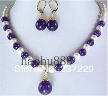 Conjunto de collar y pendientes colgantes de piedra púrpura perla blanca bridai, joyería para mujer, precio al por mayor, envío gratis, A0423 2024 - compra barato