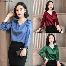 AreMoMuWha Silk Shirt Female 2019 New Korean Version of The V-neck Chiffon Shirt Loose Temperament Nine-point Sleeve Shirt MH239 2024 - buy cheap