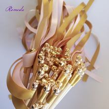 Hot selling 50pcs/lot  gold & pink wedding ribbon wands with gold bell 2024 - buy cheap