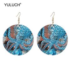 YULUCH Summer Beach Ocean Round Natural Wooden Printed Printing Octopus Dangle Earrings Pop Women Fashion Jewelry Drop Earrings 2024 - buy cheap