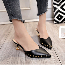 Dropshipping Women Summer Mules Slippers High Heels Ladies Rivets Pointed Toe Strange Style Outside Shoes for Girls 2024 - buy cheap