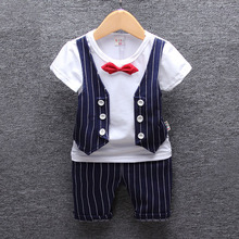 Boy Clothes with Bow Clothing Set Tie Formal Summer Toddler Boy Party Birthday Short Sleeve Gentleman Stripe Outfits 2024 - buy cheap