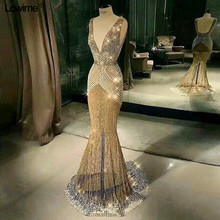 Fashion Sexy Deep V-Neck  Backless Mermaid Formal Prom Party Dresses Sweep Train Gold Evening Dresses 2019 2024 - buy cheap