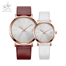 Relógio de quartzo da shengke com pulseira de couro, relógio marrom e branco, design simples e branco 2024 - compre barato