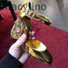 Macytino 2018 Newest Luxury Gold Pumps 10CM Women High Heel Wedding Shoes Crystal Diamond Heels Ankle Strap 2024 - buy cheap