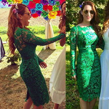 NYZY C2 Elegant 2019 Formal Dress Wedding Party Homecoming Lace Long Sleeves Green Cocktail Dress 2024 - buy cheap