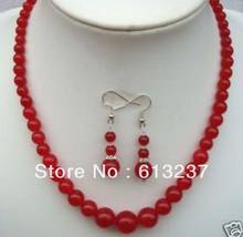 Free shipping fashion 6-14mm natural stone dyed red chalcedony jades round beads necklace earrings jewelry set 18inch GE4134 2024 - buy cheap
