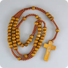 8mm Khaki Wood Rosary Beads INRI JESUS Icon Cross Pendant Necklace Catholic Fashion Religious jewelry 2024 - buy cheap