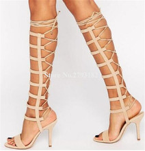 Mulheres verão sexy dedo do pé aberto camurça cinta de couro stiletto calcanhar joelho alto gladiador botas de renda-up longo salto alto sandália botas saltos 2024 - compre barato