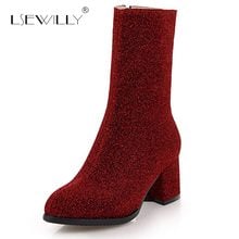 Lsewilly New autumn winter women sequined cloth round toe ankle boots lady solid square heel party dress side zipper boots S711 2024 - buy cheap